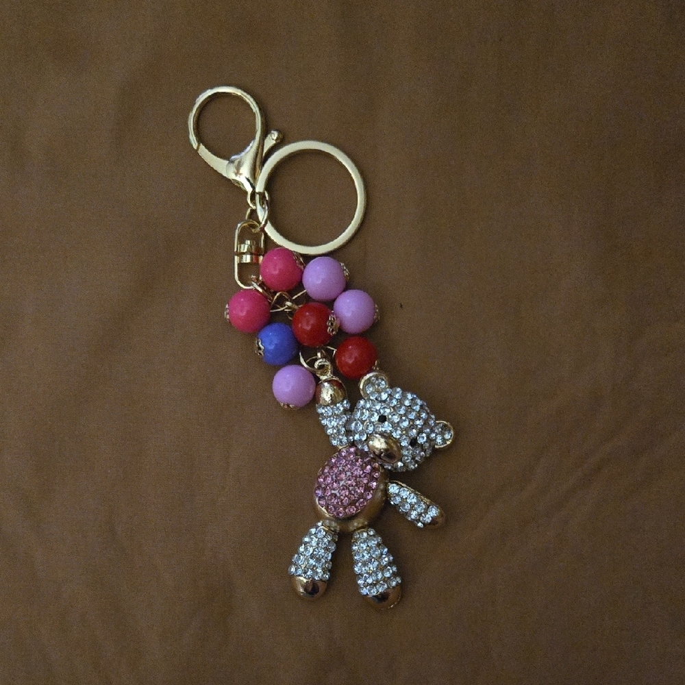 Gold and Pink Crystal Bear Keychain